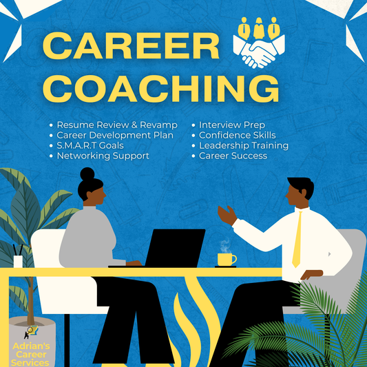 Illustration of a career coaching session featuring two diverse professionals seated at a desk, discussing career development. The text highlights services offered, including resume review, career development plans, SMART goals, networking support, interview preparation, confidence skills, leadership training, and career success. Adrian's Career Services logo is displayed in the corner.