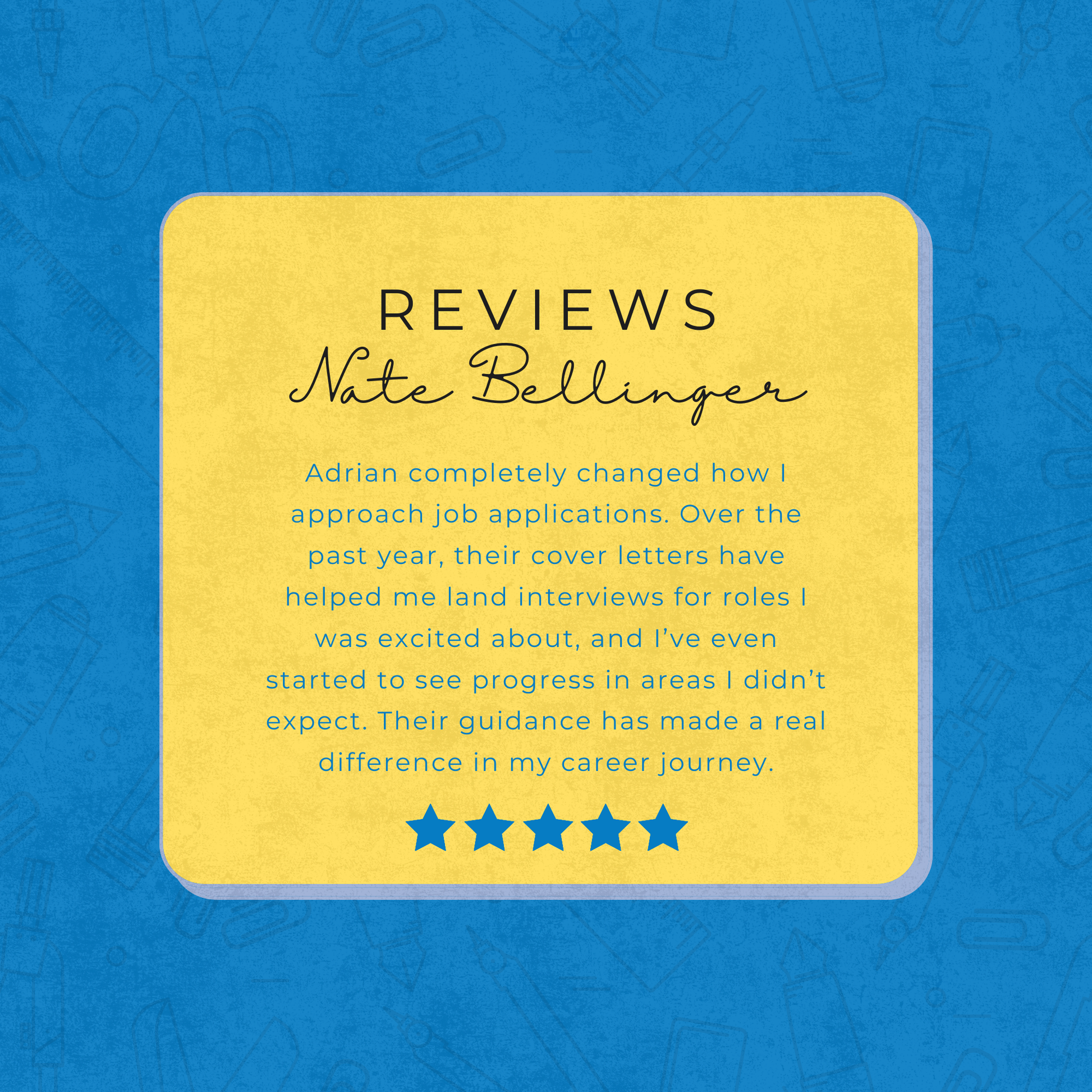 Client testimonial from Nate Bollinger praising Adrian's Career Services for exceptional cover letter assistance and professional results.