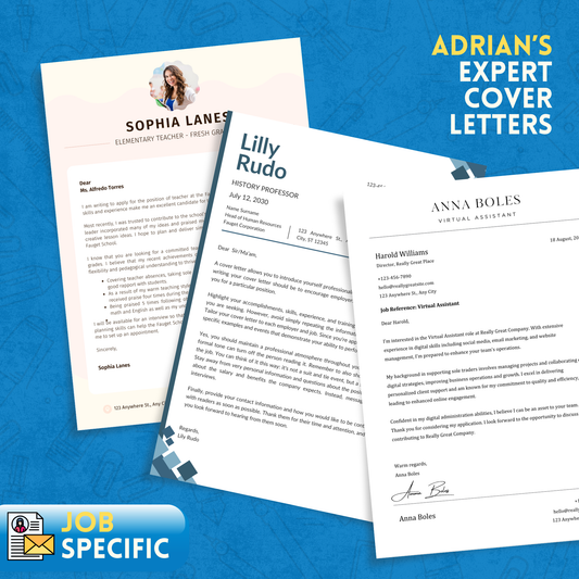 Professionally crafted, job-specific cover letters by Adrian's Career Services, tailored to highlight individual skills and expertise.