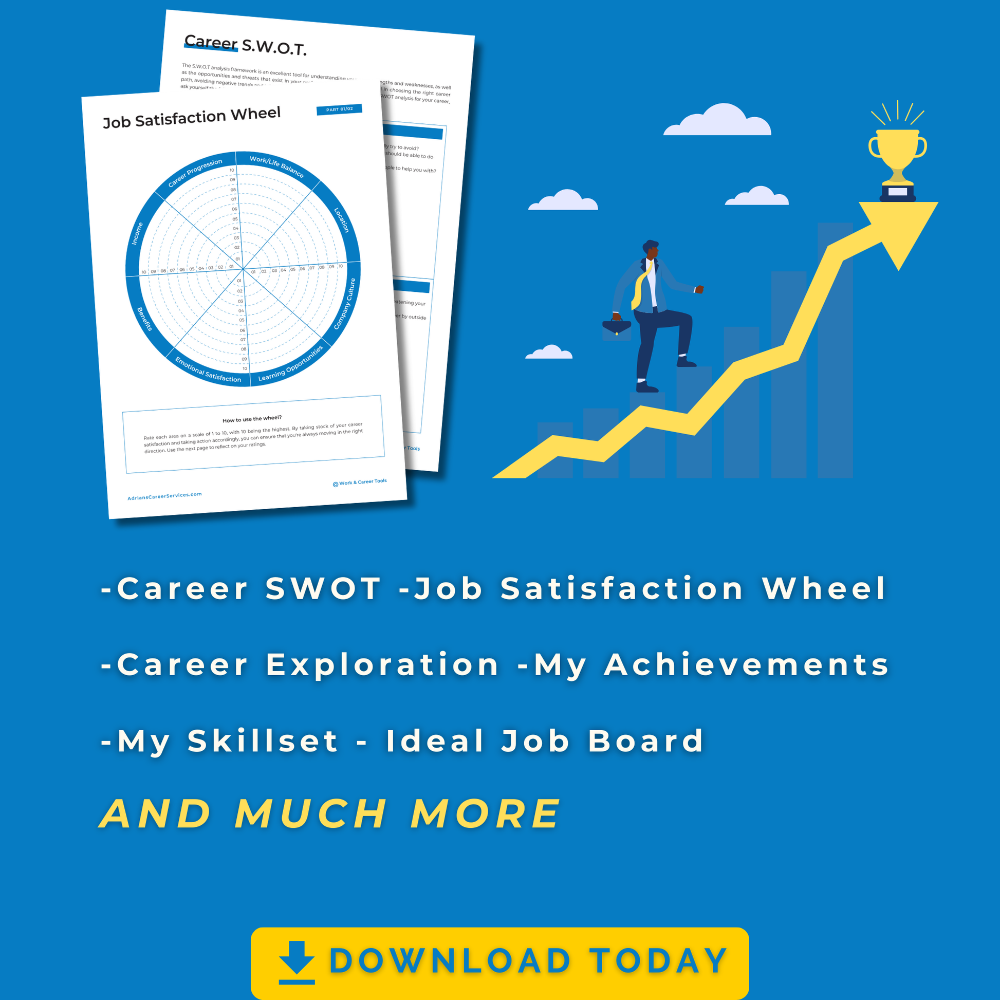 Career exploration tools including a SWOT analysis, Job Satisfaction Wheel, Skillset assessment, My Achievements, and Ideal Job Board. Download today for career success!