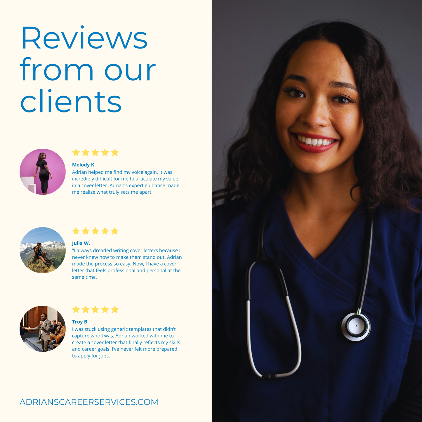 Testimonials from satisfied clients of Adrian's Career Services, including a healthcare professional sharing their success story.