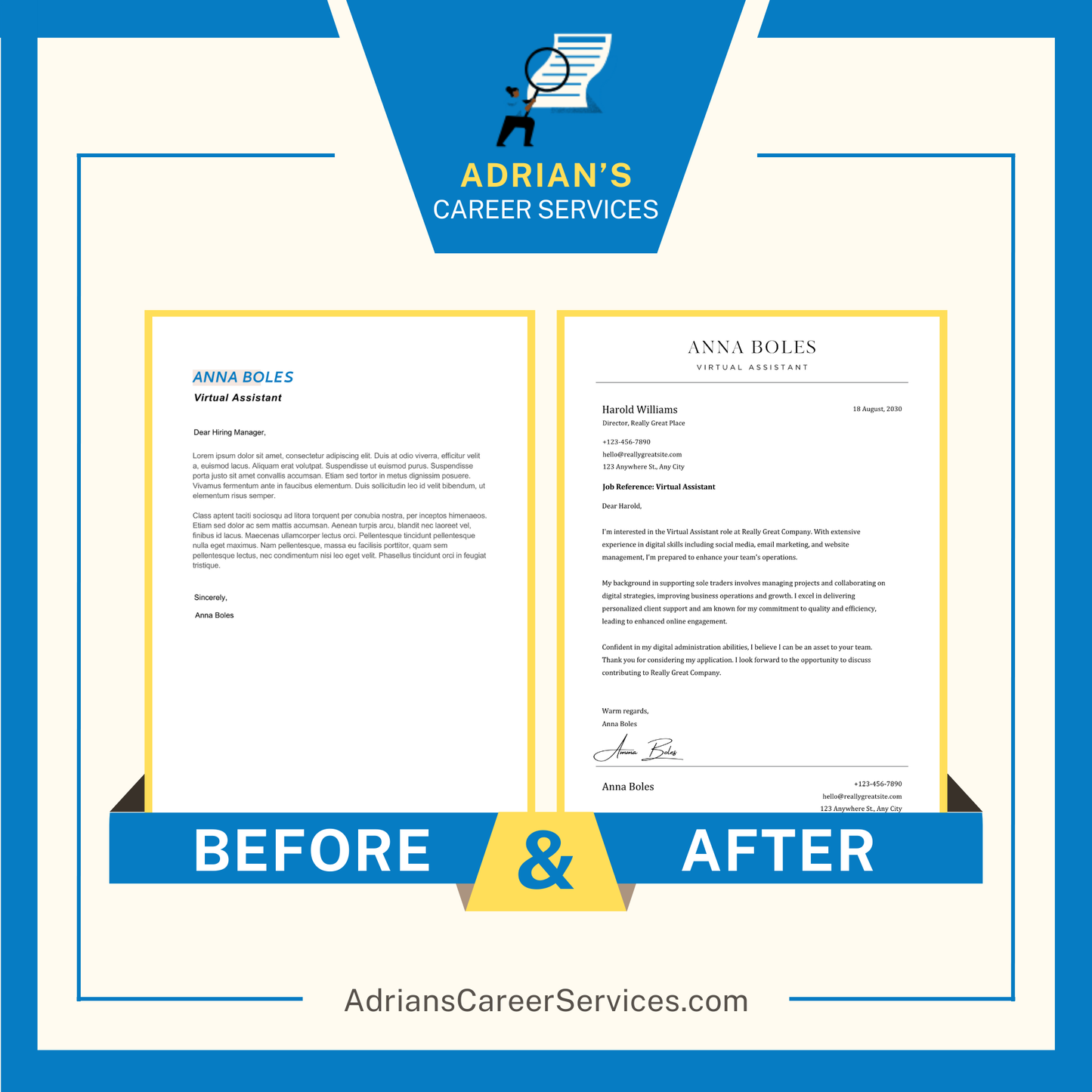 Before and after example of a professional cover letter transformed by Adrian's Career Services for job-specific applications.