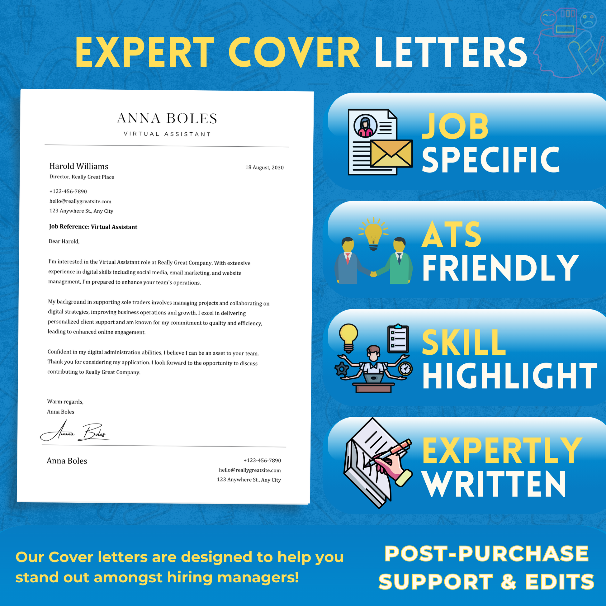 Key features of Adrian's Career Services cover letters: job-specific, ATS-friendly, skill highlights, expertly written with post-purchase support and edits.