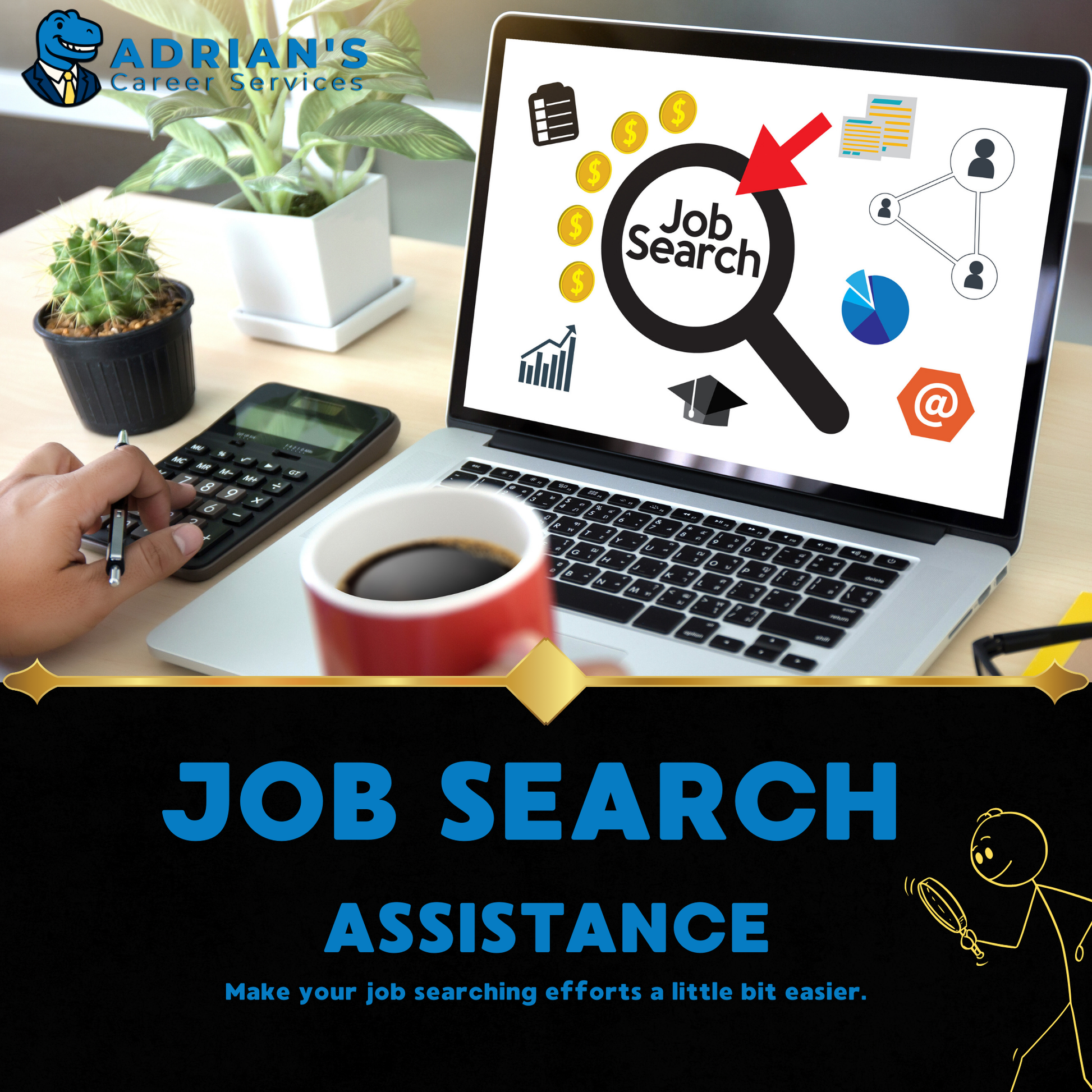 Blue figure representing job seeker under magnifying glass among crowd of white icons